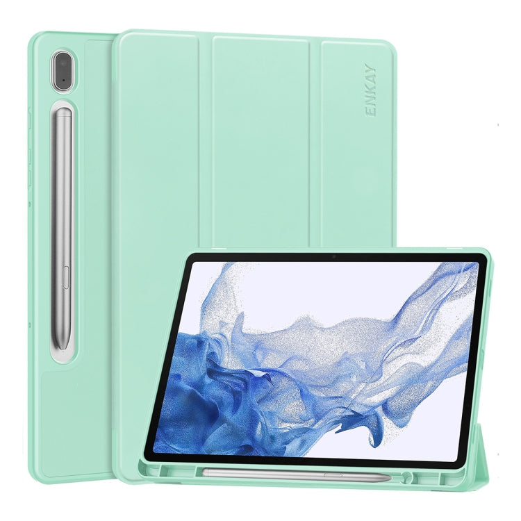 For Samsung Galaxy Tab S9 ENKAY Tri-fold Custer Leather TPU Bottom Smart Case with Pen Slot(Light Green) - free shipping - PMC Jewellery - Order now!