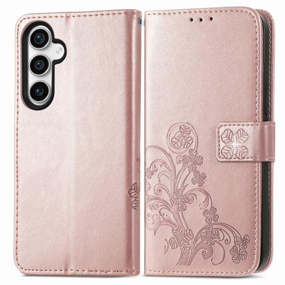 For Samsung Galaxy S23 FE 5G Four-leaf Clasp Embossed Buckle Leather Phone Case(Rose Gold)