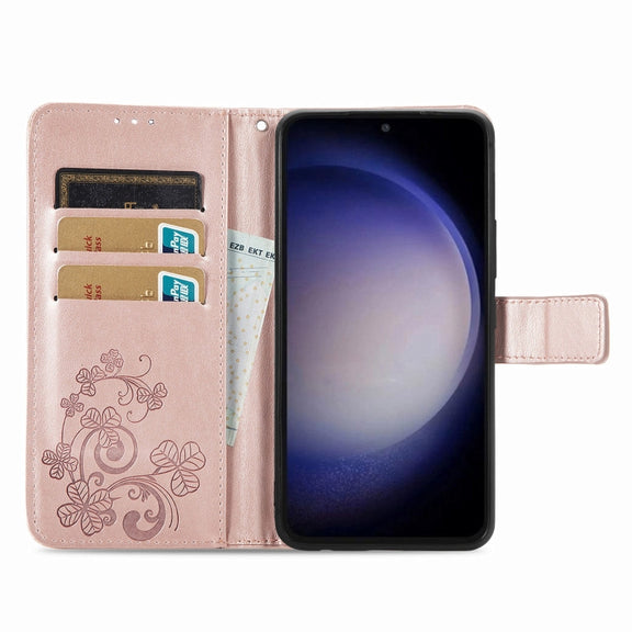 For Samsung Galaxy S23 FE 5G Four-leaf Clasp Embossed Buckle Leather Phone Case(Rose Gold)