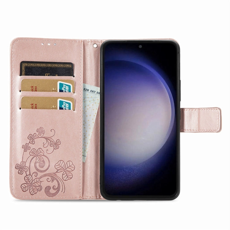 For Samsung Galaxy S23 FE 5G Four-leaf Clasp Embossed Buckle Leather Phone Case(Rose Gold)