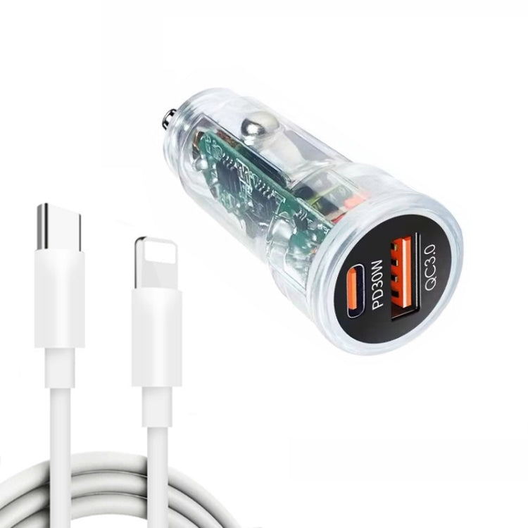P35 48W PD30W + QC3.0 18W USB Transparent Car Charger with Type-C to 8 Pin Phone Data Cable(Transparent) - Car Charger by PMC TechLife | Online Shopping South Africa | PMC TechLife