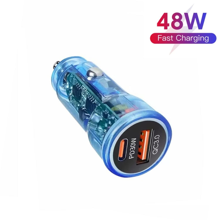 P35 48W PD30W + QC3.0 18W USB Transparent Car Charger with Type-C to 8 Pin Phone Data Cable(Transparent Blue)