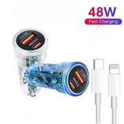 P35 48W PD30W + QC3.0 18W USB Transparent Car Charger with Type-C to 8 Pin Phone Data Cable(Transparent Blue)