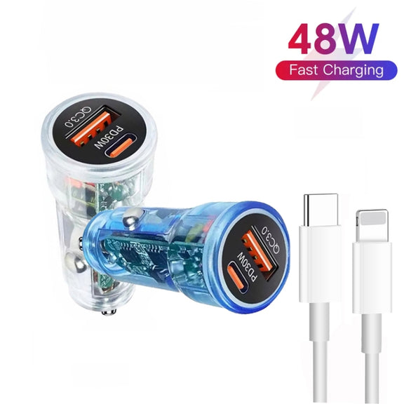 P35 48W PD30W + QC3.0 18W USB Transparent Car Charger with Type-C to 8 Pin Phone Data Cable(Transparent)