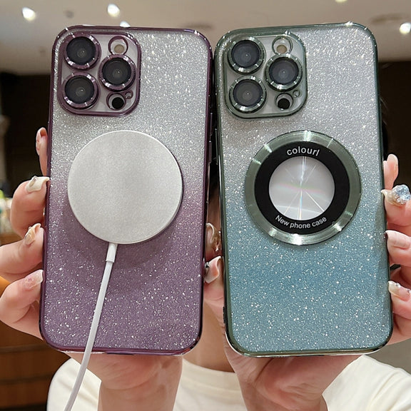 For iPhone 15 Gradient Glitter Electroplating MagSafe TPU Phone Case(Green)