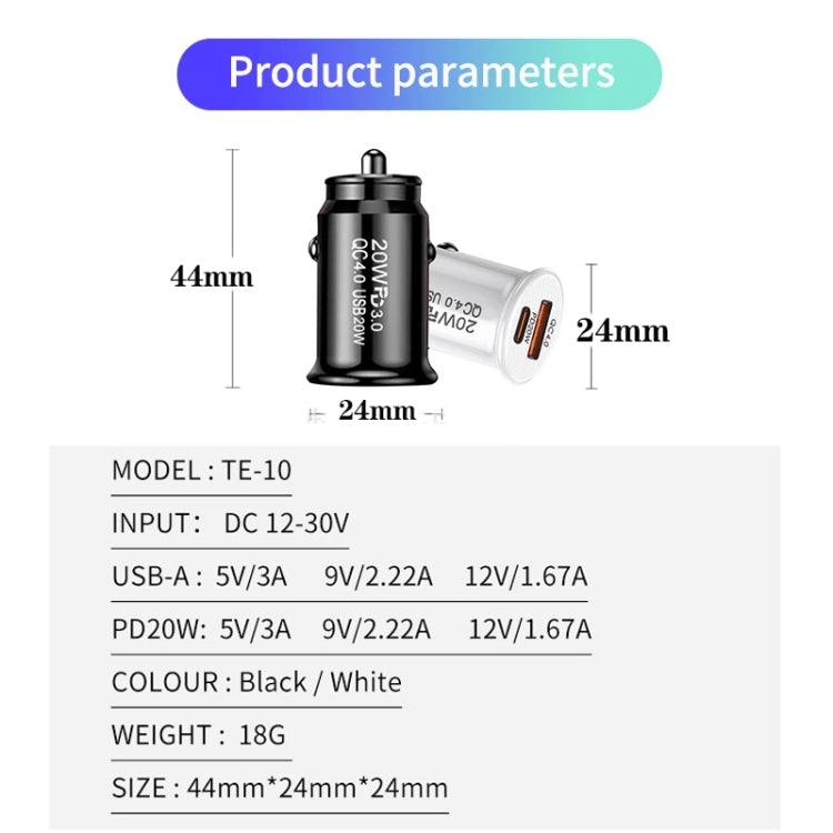 P10 Mini QC4.0 USB / PD20W Car Charger with Type-C to Type-C Fast Charging Data Cable(Black)