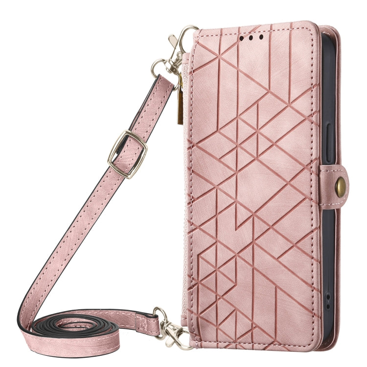 For iPhone 14 Pro Max Geometric Zipper Wallet Side Buckle Leather Phone Case with Crossbody Lanyard(Pink) - iPhone 14 Pro Max Cases by PMC TechLife | Online Shopping South Africa | PMC TechLife | Buy Now Pay Later Mobicred