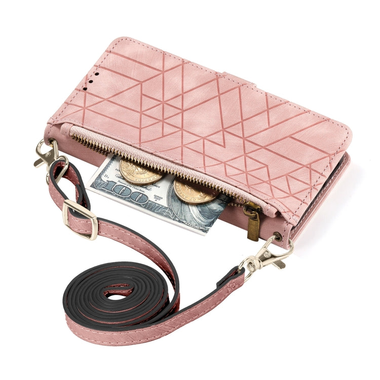 For iPhone 14 Pro Max Geometric Zipper Wallet Side Buckle Leather Phone Case with Crossbody Lanyard(Pink) - iPhone 14 Pro Max Cases by PMC TechLife | Online Shopping South Africa | PMC TechLife | Buy Now Pay Later Mobicred