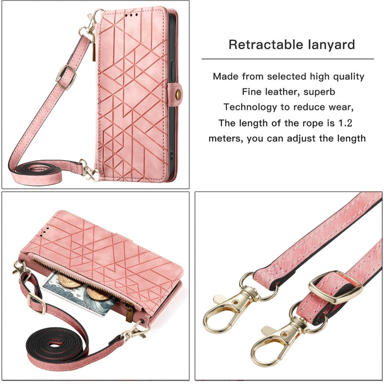 For iPhone 14 Pro Max Geometric Zipper Wallet Side Buckle Leather Phone Case with Crossbody Lanyard(Pink) - iPhone 14 Pro Max Cases by PMC TechLife | Online Shopping South Africa | PMC TechLife | Buy Now Pay Later Mobicred