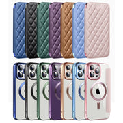 For iPhone 15 Shield Magsafe RFID Anti-theft Rhombus Leather Phone Case(Brown)