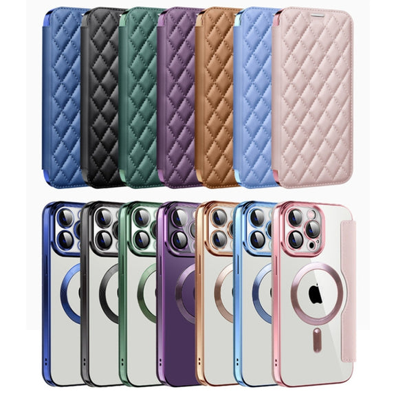 For iPhone 15 Shield Magsafe RFID Anti-theft Rhombus Leather Phone Case(Brown)