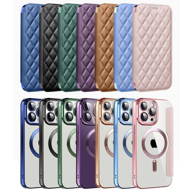 For iPhone 15 Shield Magsafe RFID Anti-theft Rhombus Leather Phone Case(Brown)