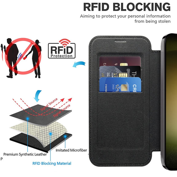 For Samsung Galaxy S23 5G Shield MagSafe RFID Anti-theft Rhombus Leather Phone Case(Black)