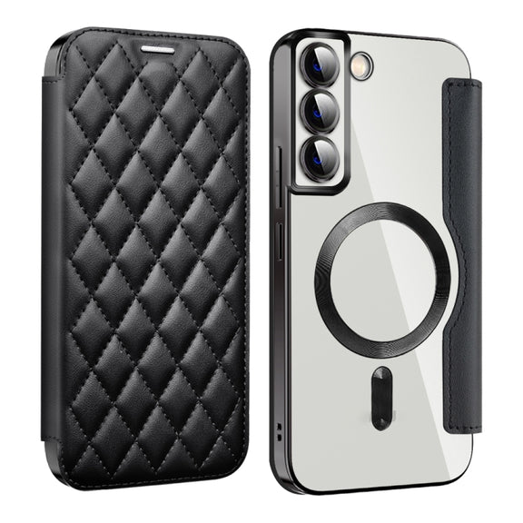 For Samsung Galaxy S23 5G Shield MagSafe RFID Anti-theft Rhombus Leather Phone Case(Black)
