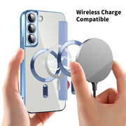 For Samsung Galaxy S23 5G Shield Magsafe RFID Anti-theft Rhombus Leather Phone Case(Blue)