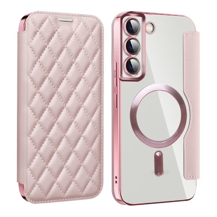 For Samsung Galaxy S23 5G Shield MagSafe RFID Anti-theft Rhombus Leather Phone Case(Pink) - free shipping - PMC TechLife - Order now!