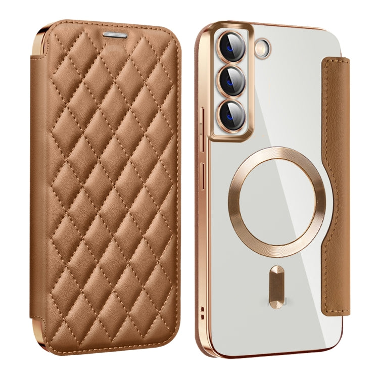 For Samsung Galaxy S23 5G Shield Magsafe RFID Anti-theft Rhombus Leather Phone Case(Brown) - Galaxy S23 5G Cases by PMC TechLife | Online Shopping South Africa | PMC TechLife