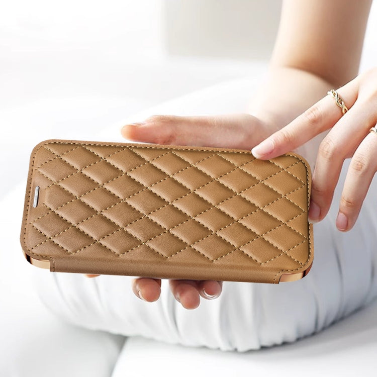 For Samsung Galaxy S23 5G Shield Magsafe RFID Anti-theft Rhombus Leather Phone Case(Brown) - Galaxy S23 5G Cases by PMC TechLife | Online Shopping South Africa | PMC TechLife