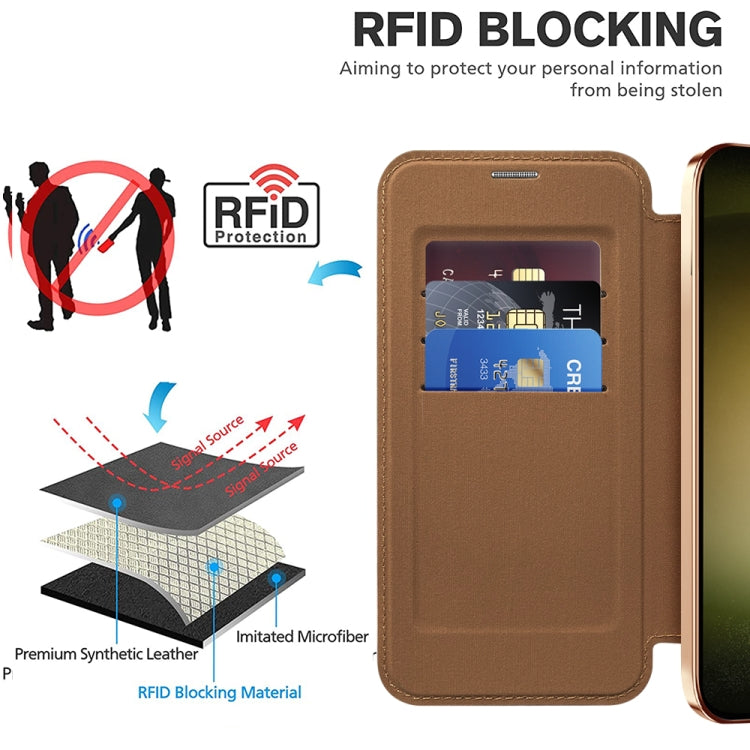 For Samsung Galaxy S23 5G Shield Magsafe RFID Anti-theft Rhombus Leather Phone Case(Brown) - Galaxy S23 5G Cases by PMC TechLife | Online Shopping South Africa | PMC TechLife