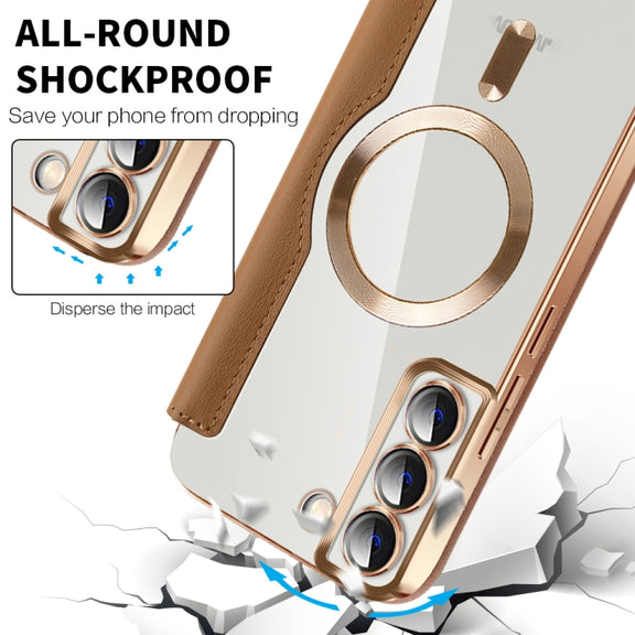 For Samsung Galaxy S23+ 5G Shield Magsafe RFID Anti-theft Rhombus Leather Phone Case(Brown)