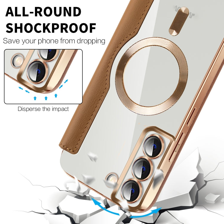 For Samsung Galaxy S23+ 5G Shield Magsafe RFID Anti-theft Rhombus Leather Phone Case(Brown)