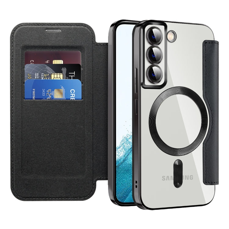 For Samsung Galaxy S22 5G Shield Magsafe RFID Anti-theft Rhombus Leather Phone Case(Black)
