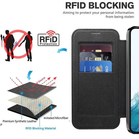 For Samsung Galaxy S22 5G Shield Magsafe RFID Anti-theft Rhombus Leather Phone Case(Black)