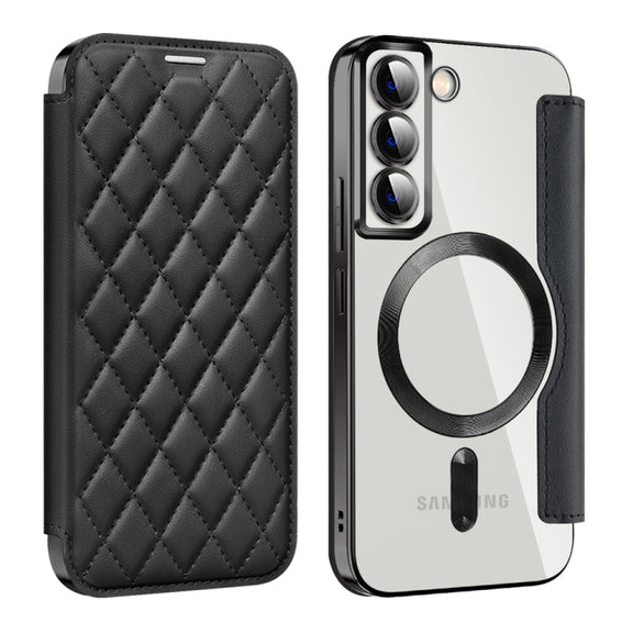 For Samsung Galaxy S22 5G Shield Magsafe RFID Anti-theft Rhombus Leather Phone Case(Black)