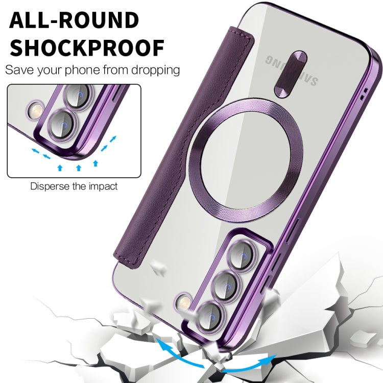For Samsung Galaxy S22 5G Shield Magsafe RFID Anti-theft Rhombus Leather Phone Case(Purple) - Galaxy S22 5G Cases by PMC TechLife | Online Shopping South Africa | PMC TechLife