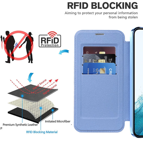 For Samsung Galaxy S22 5G Shield Magsafe RFID Anti-theft Rhombus Leather Phone Case(Blue)