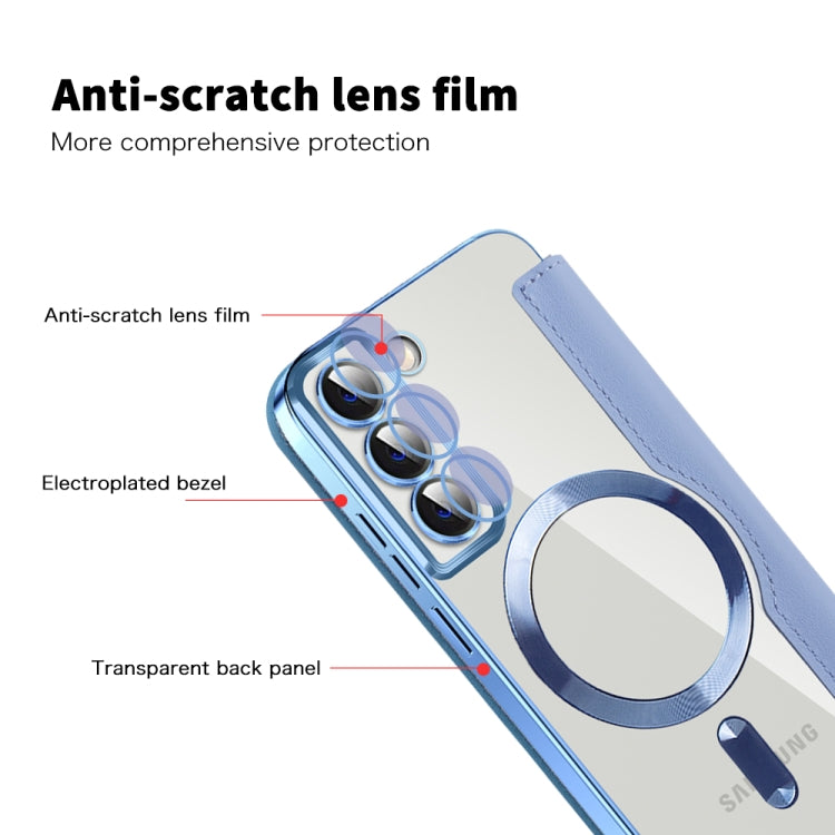 For Samsung Galaxy S22 5G Shield Magsafe RFID Anti-theft Rhombus Leather Phone Case(Blue)