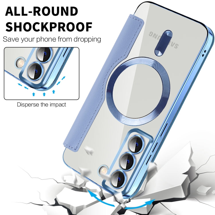 For Samsung Galaxy S22 5G Shield Magsafe RFID Anti-theft Rhombus Leather Phone Case(Blue) - Galaxy S22 5G Cases by PMC TechLife | Online Shopping South Africa | PMC TechLife