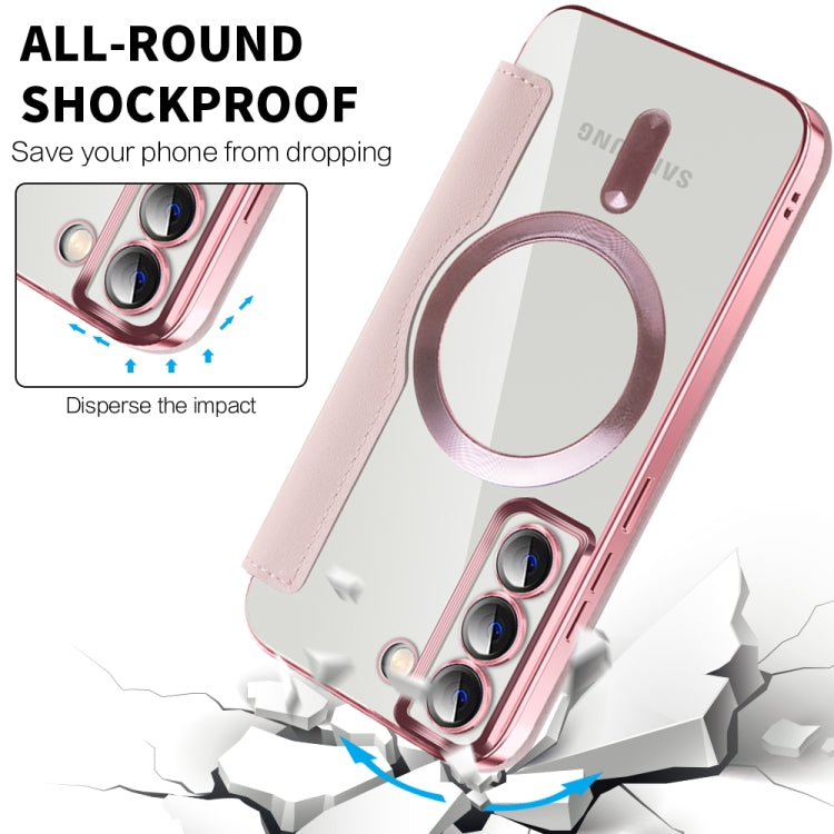 For Samsung Galaxy S22 5G Shield Magsafe RFID Anti-theft Rhombus Leather Phone Case(Pink) - Galaxy S22 5G Cases by PMC TechLife | Online Shopping South Africa | PMC TechLife
