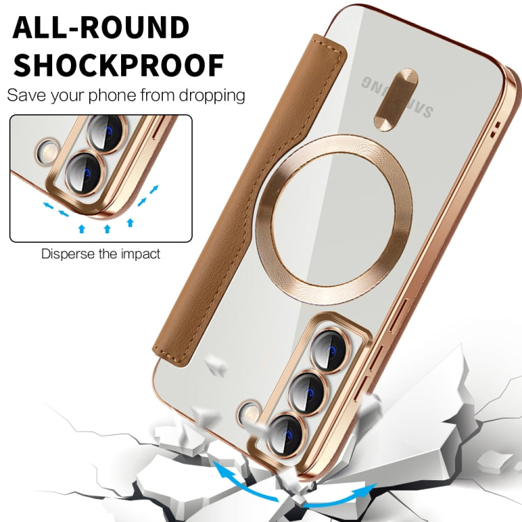 For Samsung Galaxy S22 5G Shield Magsafe RFID Anti-theft Rhombus Leather Phone Case(Brown) - Galaxy S22 5G Cases by PMC TechLife | Online Shopping South Africa | PMC TechLife