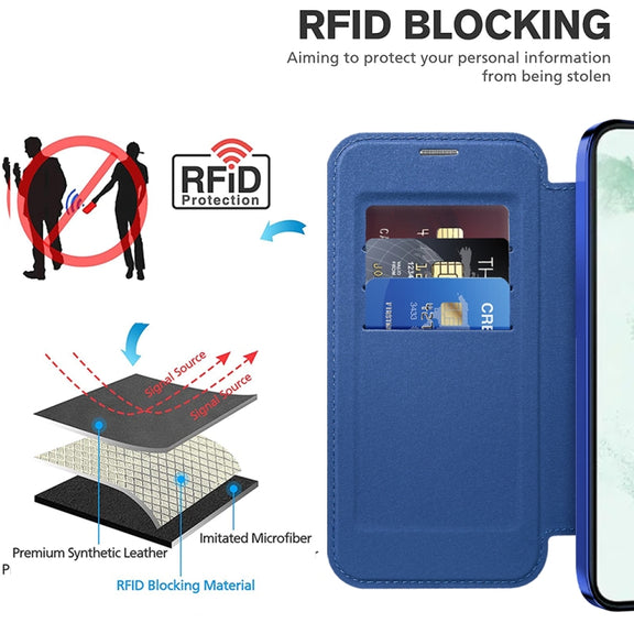For Samsung Galaxy S22+ 5G Shield MagSafe RFID Anti-theft Rhombus Leather Phone Case(Dark Blue)