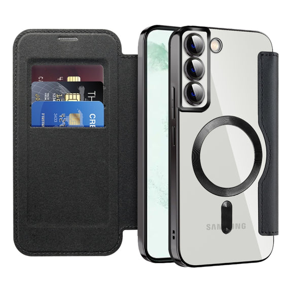 For Samsung Galaxy S22+ 5G Shield MagSafe RFID Anti-theft Rhombus Leather Phone Case(Black)