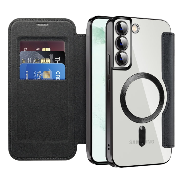 For Samsung Galaxy S22+ 5G Shield MagSafe RFID Anti-theft Rhombus Leather Phone Case(Black)