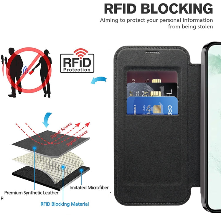 For Samsung Galaxy S22+ 5G Shield MagSafe RFID Anti-theft Rhombus Leather Phone Case(Black)