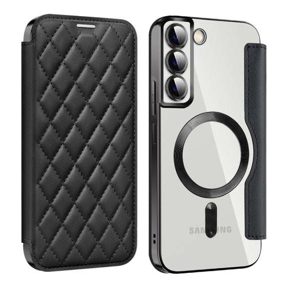 For Samsung Galaxy S22+ 5G Shield MagSafe RFID Anti-theft Rhombus Leather Phone Case(Black)
