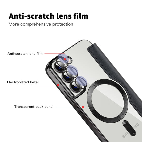 For Samsung Galaxy S22+ 5G Shield MagSafe RFID Anti-theft Rhombus Leather Phone Case(Black)