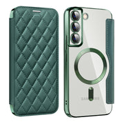 For Samsung Galaxy S22+ 5G Shield MagSafe RFID Anti-theft Rhombus Leather Phone Case(Green)