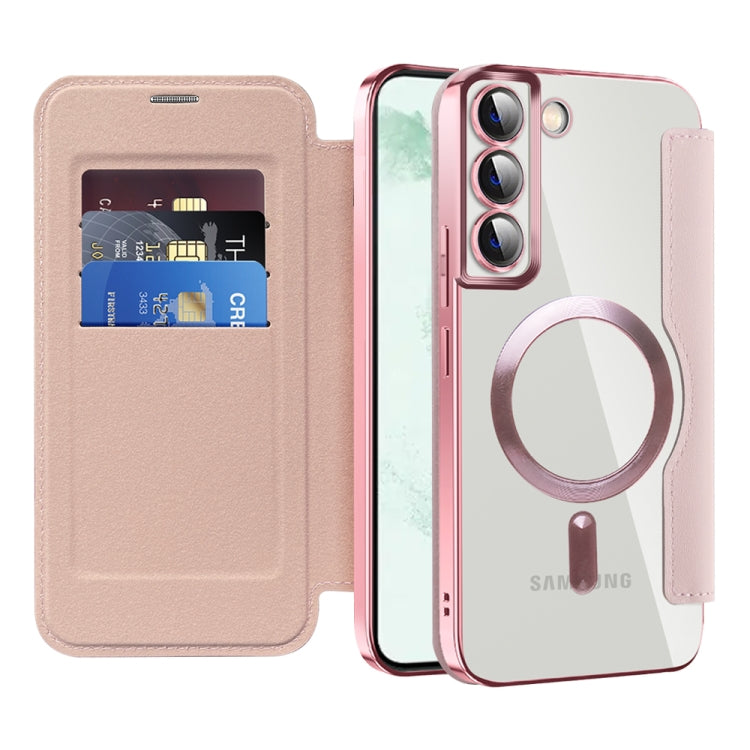 For Samsung Galaxy S22+ 5G Shield MagSafe RFID Anti-theft Rhombus Leather Phone Case(Pink) - Galaxy S22+ 5G Cases by PMC TechLife | Online Shopping South Africa | PMC TechLife | Buy Now Pay Later Mobicred