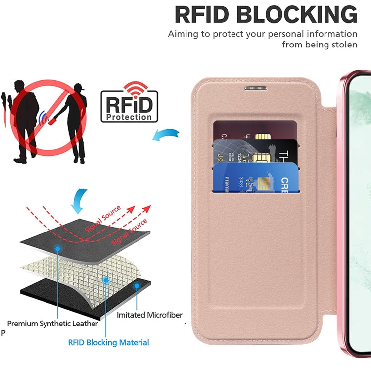 For Samsung Galaxy S22+ 5G Shield MagSafe RFID Anti-theft Rhombus Leather Phone Case(Pink) - Galaxy S22+ 5G Cases by PMC TechLife | Online Shopping South Africa | PMC TechLife | Buy Now Pay Later Mobicred