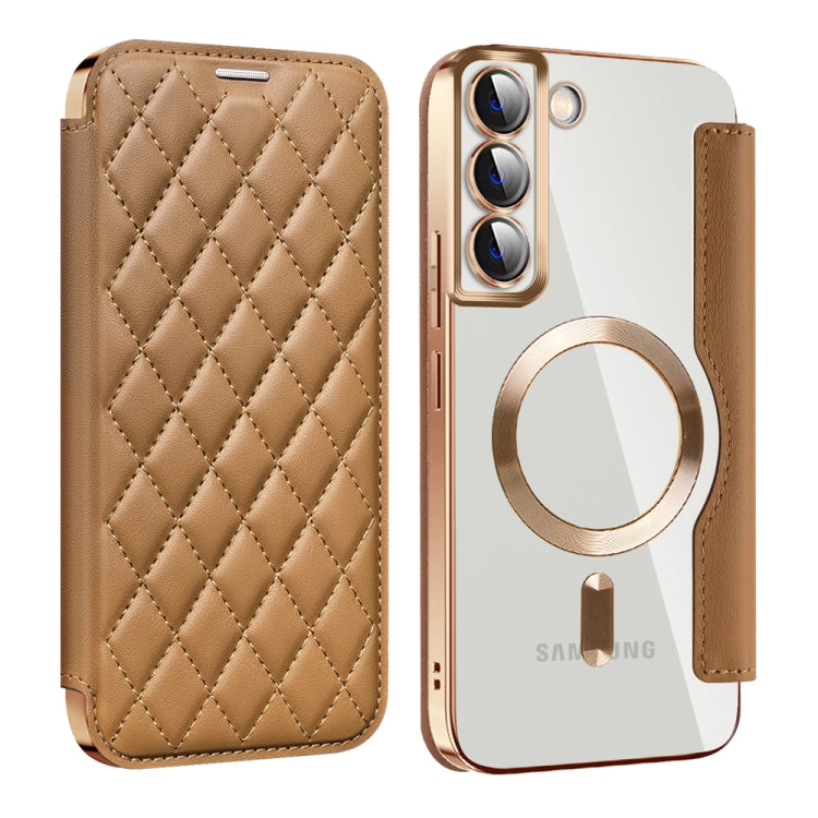 For Samsung Galaxy S22+ 5G Shield MagSafe RFID Anti-theft Rhombus Leather Phone Case(Brown) - Galaxy S22+ 5G Cases by PMC TechLife | Online Shopping South Africa | PMC TechLife | Buy Now Pay Later Mobicred