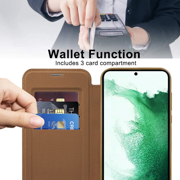 For Samsung Galaxy S22+ 5G Shield MagSafe RFID Anti-theft Rhombus Leather Phone Case(Brown)