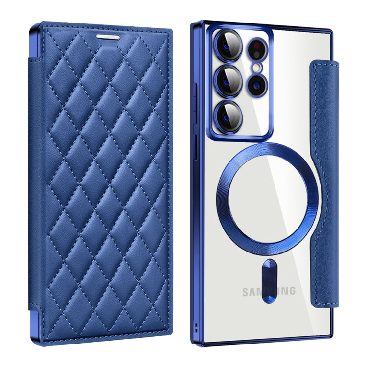 For Samsung Galaxy S22 Ultra 5G Shield Magsafe RFID Anti-theft Rhombus Leather Phone Case(Dark Blue) - Galaxy S22 Ultra 5G Cases by PMC TechLife | Online Shopping South Africa | PMC TechLife