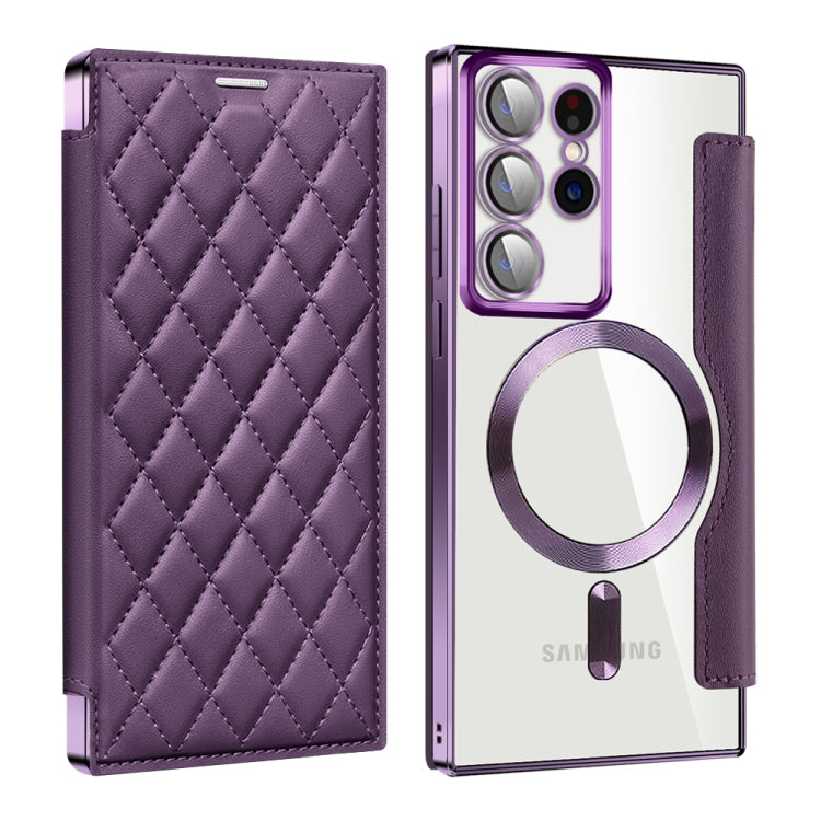 For Samsung Galaxy S22 Ultra 5G Shield MagSafe RFID Anti-theft Rhombus Leather Phone Case(Purple) - free shipping - PMC TechLife - Order now!