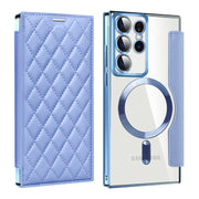 For Samsung Galaxy S22 Ultra 5G Shield MagSafe RFID Anti-theft Rhombus Leather Phone Case(Blue)