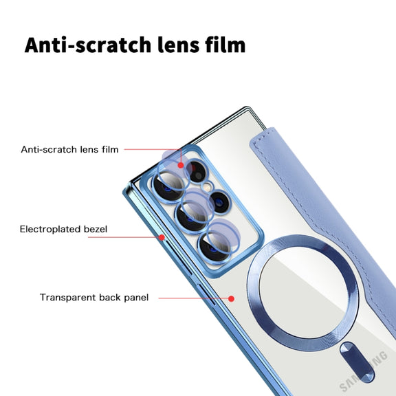 For Samsung Galaxy S22 Ultra 5G Shield MagSafe RFID Anti-theft Rhombus Leather Phone Case(Blue)