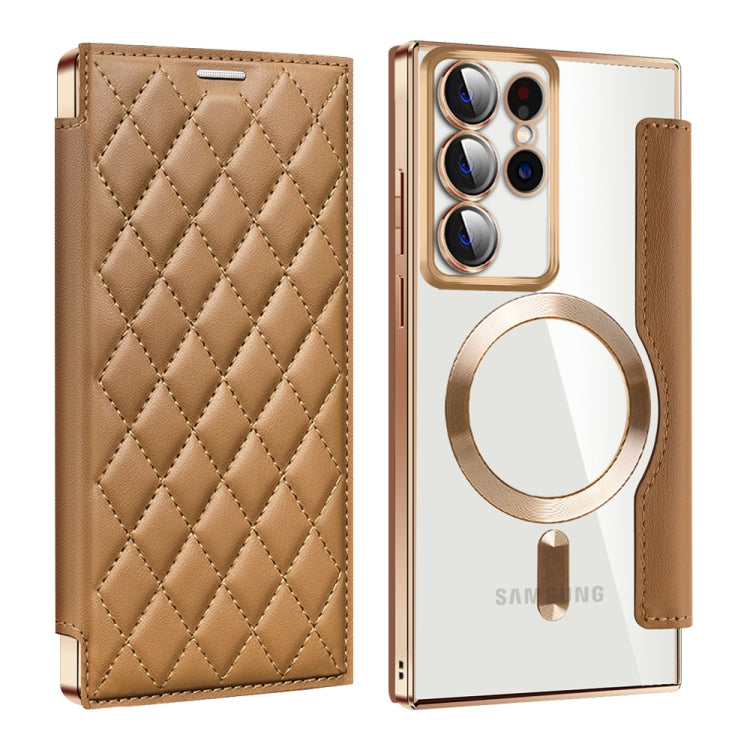 For Samsung Galaxy S22 Ultra 5G Shield MagSafe RFID Anti-theft Rhombus Leather Phone Case(Brown) - free shipping - PMC TechLife - Order now!
